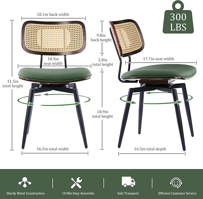 Quenvo Swivel Dining Chairs with Rattan Back, Modern Green Leather Dining Chairs Set of 2, Swivel Dining Room Chairs Kitchen Side Chairs with Metal Legs and Upholstered Seat for Kitchen & Restaurant