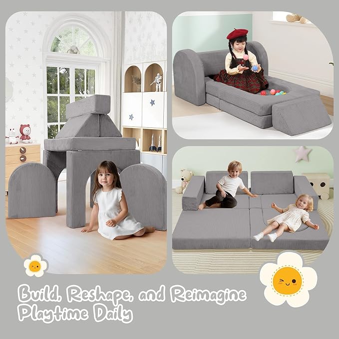 MeMoreCool Kids Modular Play Couch – 10 Piece Corduroy Foam Sofa, Light Grey Convertible Playroom Furniture for Toddlers | Fort Building Set | Washable, Soft & Durable
