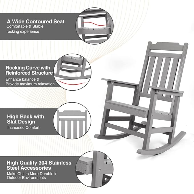 hOmeQomi Rocking Chairs Set of 4, All Weather Resistant Poly Lumber Outdoor Porch Rocker, Rocking Chairs for Outdoor, Indoor, Patio, Deck, Garden, Backyard, Load Bearing 380 lbs - Grey