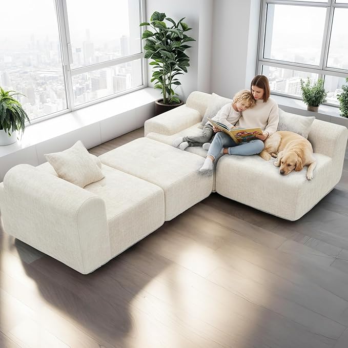 119’’ Modular Sectional Sofa Couch with Chaise, Deep Seat Cloud Couch for Living Room, Modern Chenille Upholstered Sectional with Throw Pillows, Compression Modular Sofa for Apartment Bedroom, Beige