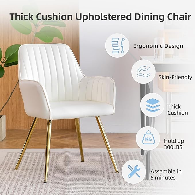 Purgreen Faux Leather Dining Chair Set of 6 - Modern Mid-Back Accent Chair with Gold Plating Legs - Comfy Upholstered Chair for Living Room ，Kitchen & Reception Room (Leather Beige, Set of 6)