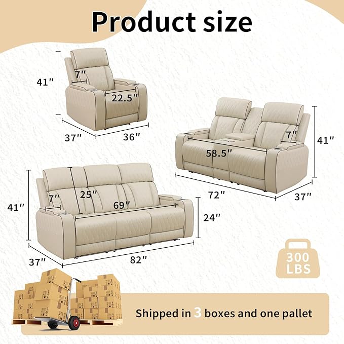 Caberryne Power Recliner Sofa Set with LED Lights,Leather Reclining Couch with Coffee Table/Storage Console/Cup Holder,Reclining Living Room Set with 5 Recliner Seats for House(3 Piece Set,Paddy)