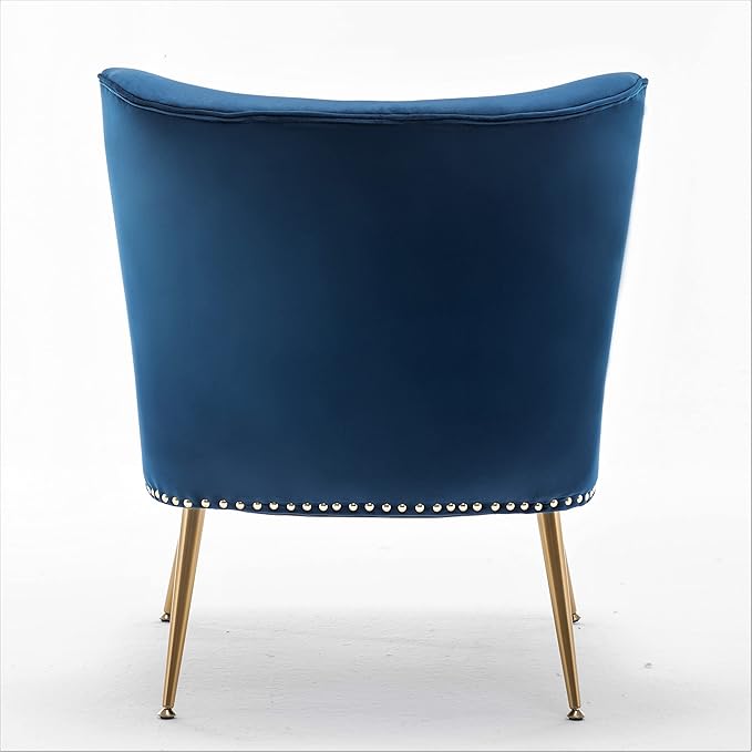 Container Furniture Direct Thia Armless Velvet Accent Chair for Living Room, Elegant Seat with Nailhead Trim, Gold Metal Legs and Comfortable Curved Back, 28" D x 25" W x 29.5" H, Dark Blue