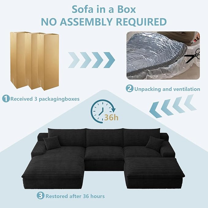 107" Cloud Sectional Couch with U-Shaped Chaise,Corduroy Viral Boneless Sofa with Ottoman,Memory Foam Couches in a Box with Deep Seat for Living Room,No Assembly Required(Jet Black,Left-Facing Chaise)