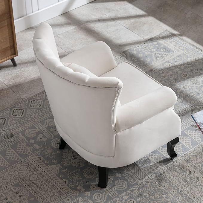 DM Furniture Mid Century Accent Chair Modern Tufted Wingback Armchairs Club Chair Velvet Fabric Single Sofa Reading Chair with Pillow for Living Room, Cream