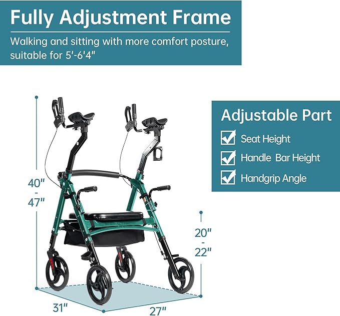 ELENKER Heavy Duty Upright Walker with Extra Wide Padded Seat and Backrest, Aluminum Bariatric Stand Up Rolling Walker, 10” Wheels, Fully Adjustment Frame, Support up to 500 lbs for Seniors, Green