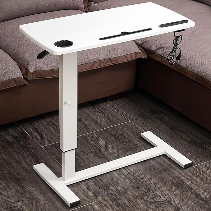 Overbed Table with Adjustable Height, Hospital Bed Table with Wheels, Rolling Bedside Table Pneumatic Mobile Standing Laptop Desk with USB Charging and Cup Holder