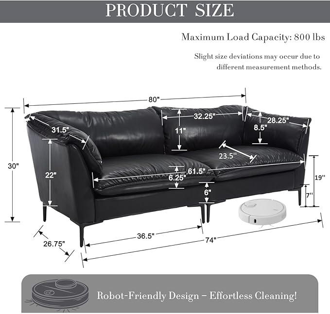 CIMOTA 80'' Faux Leather Loveseat Sofa for Living Room, Modern 2 Seater Small Cloud Couch for Bedroom/Small Space/Apartment, Comfy Office Couches with Upholstered Cushions, Minimalist Style, PU Black
