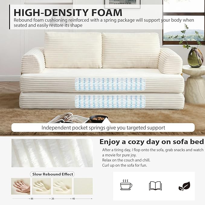 HANXIN 80 Inch Convertible Sleeper Sofa Bed, High Back Plush Corduroy Folding Floor Mattress Couch with Fixed-Shape Frame, Boneless Futon Loveseat with Pull Out Bed (Beige, 80" Loveseat Sofa Bed)