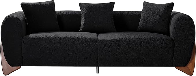 87" Sherpa Boucle Cloud Couch Modern 3 Seater Sofa with Solid Wood Legs, 25" Extra Deep Seat, Comfy Thick Cushion Upholstered Sofa Couches with 3 Pillows for Living Room, Black