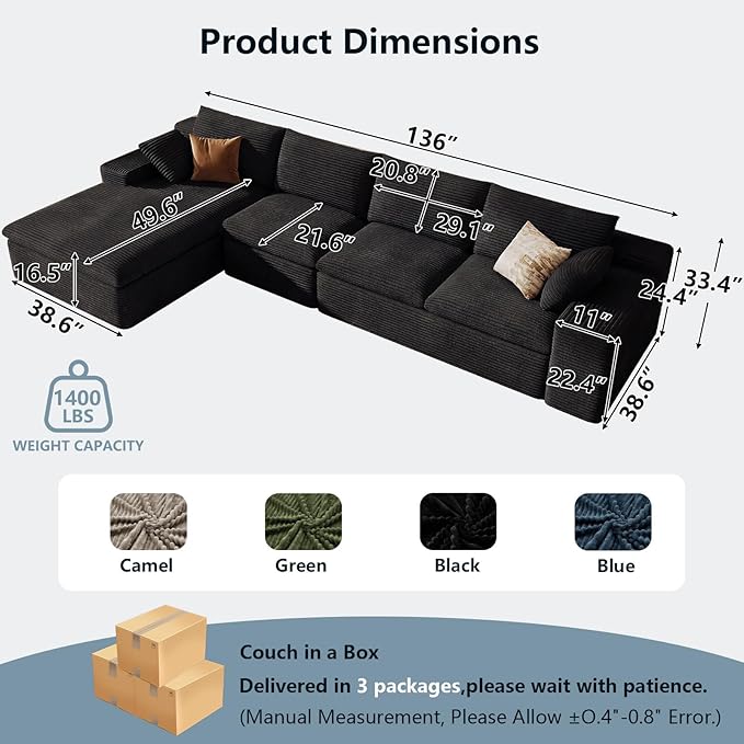 136" Cloud Sectional Couch with L-Shape Chaise, Modern Corduroy Viral Boneless Sofa for Living Room,Memory Foam Couches in a Box with Deep Seat,No Assembly Required (Black,Left-Facing Chaise)