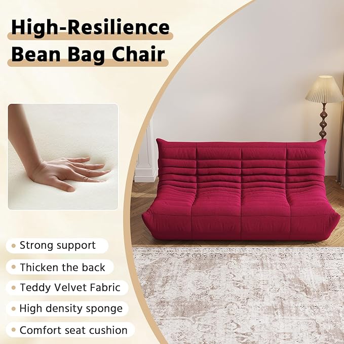 Bean Bag Chair, Fireside Chair, Large Bean Bag Chair for Adults, Bean Bag Chairs for Teens with High-Resilience Foam, Non-Slip Base Floor Lounge Sofa,Living Room (Burgundy, 3-Seater)