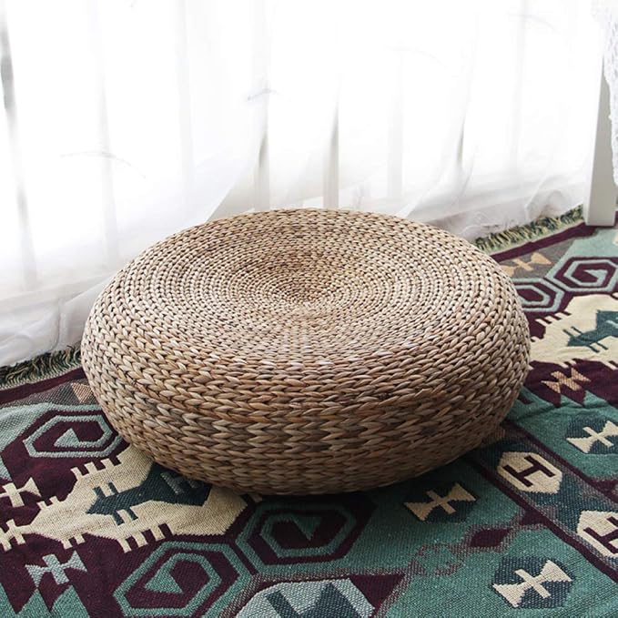 Handwoven Banana Leaf Pouffe Chair - Round Floor Seat with Padded Cushion for Comfort - Eco-Friendly Seating Solution for Home Decor and Relaxation