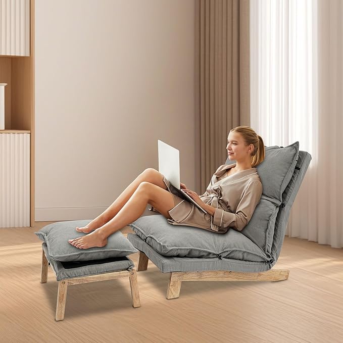 Single Lazy Leisure Chair, Adjustable Recliner Balcony Reclining Japanese Tatami Chair with Ottoman, Floor Seating Lounge Chair with Backrest and Footrest, Upholstered Chair for Living Bedroom (Grey)