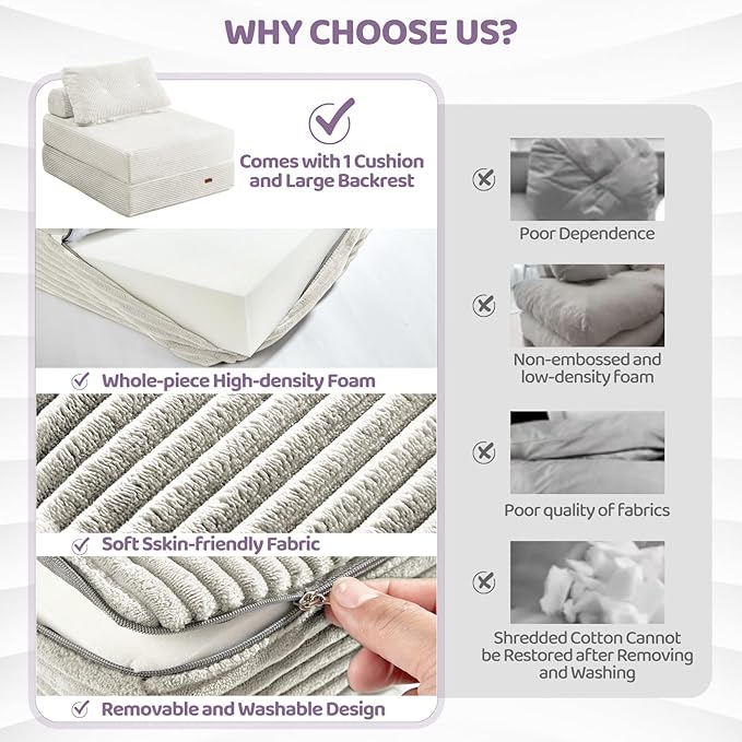 Fold Out Chair Bed, Floor Sofa Bed with High-Density Foam and Pillow Backrest,Portable 3 in 1Folding Chair Bed for Living Room、 Bedroom 、Balcony 、Hotel、 Apartment, Single, Creamy Apricot