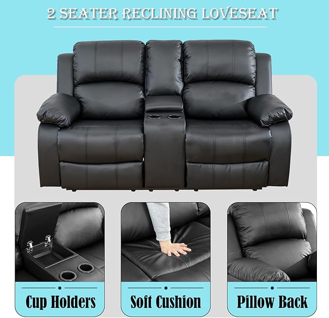 Caberryne Leather Recliner Sofa，Reclining Sofa Set for Living Room Furniture Sets，Black Double Recliner Loveseat for Living Room/Office/Theater Seating/Rv(2 Seater Couch)