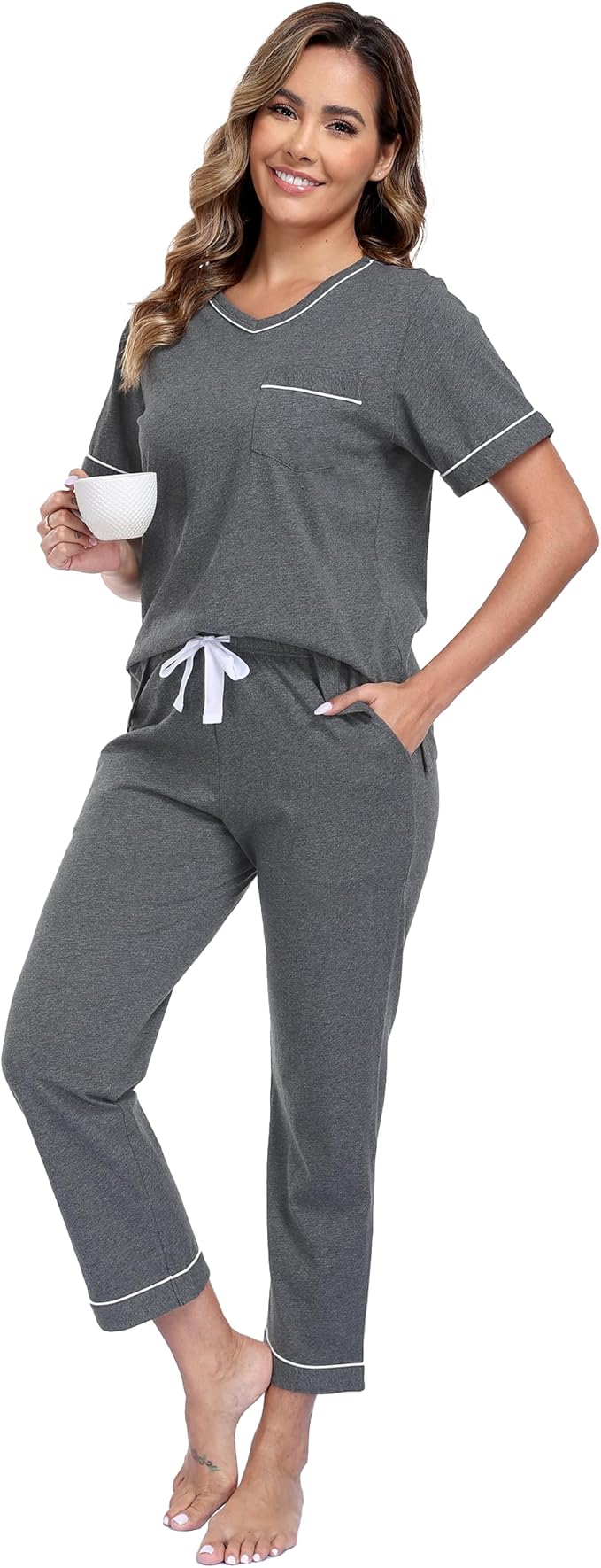 CF Women's 100% Cotton Pajama Sets Soft Short Sleeve Tops & Pants Comfy Sleepwear 2 Piece Lounge set with Pockets Loungewear