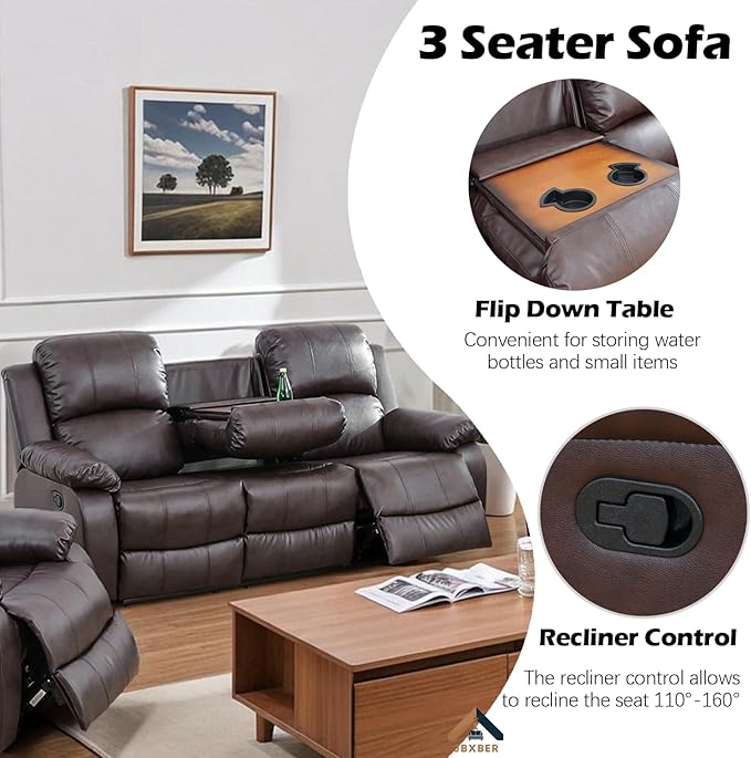 JBXBER Manual Recliner Sofa Set for Living Room, Leather Reclining Sofa Sets, Faux Leather Couch Set with Cup Holders, Drop-Down Table and Storage Console(Sofa and Chair,Brown)