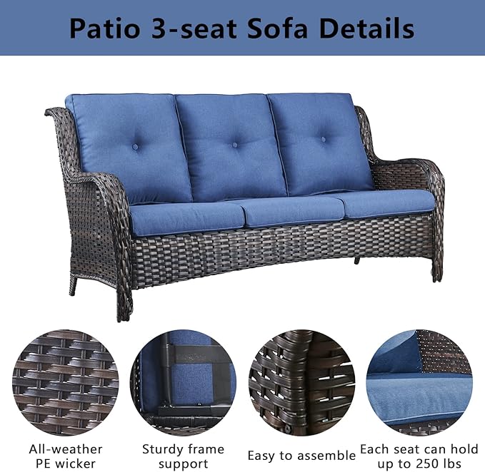 Belord Outdoor Wicker Furniture Patio Set - 7 Piece Backyard Furniture Brown Rattan Conversation Sets with Swivel Rocker Chairs, Rattan Sofa, Club Chairs and Coffee Table, Blue Cushion