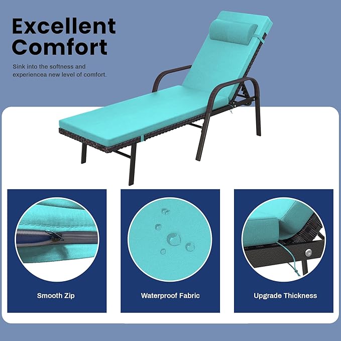 Trumbeak Patio Chaise Lounge Set 3 Pieces Pool Lounge Chairs,Cushioned Outdoor Folding Lounge Chair w/Arm and Rattan Adjustable Backrest for Poolside Porch,Folding Table Included,Turquoise Blue