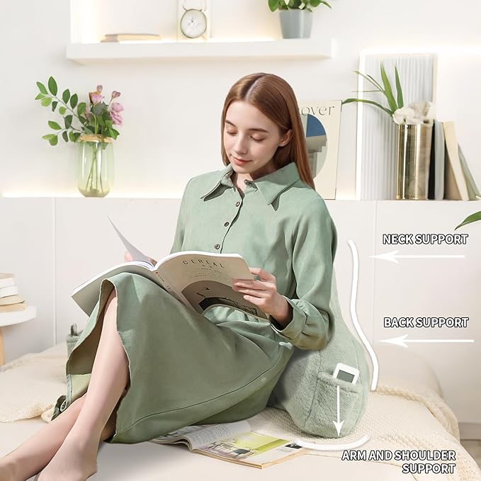 PAJEO Reading Pillow for Sitting in Bed, Large Backrest Reading Pillow with Arm Rest,Back-Rest Support Cushion for Sit Up on Couch, Sofa, and Floor, Dorm Essentials (Green Faux Fur, Standard(17"))