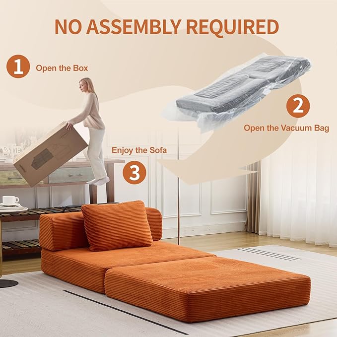 Folding Sofa Bed, Convertible Sleeper Chair with Pillow, Single Sofa with Back Support, Portable Fold Out Chair Cloud Couch Bed, Comfy Floor Sofa Lounge for Living Room Bedroom, Orange
