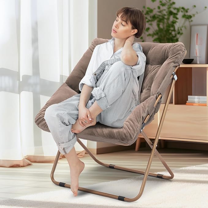 Athena Collection Saucer Chair for Adult, Square Comfy Cozy Chair Folding Chair Faux Fur Metal Frame Foldable Reading Chair Accent Chair for Bed Room Living Room, Brown