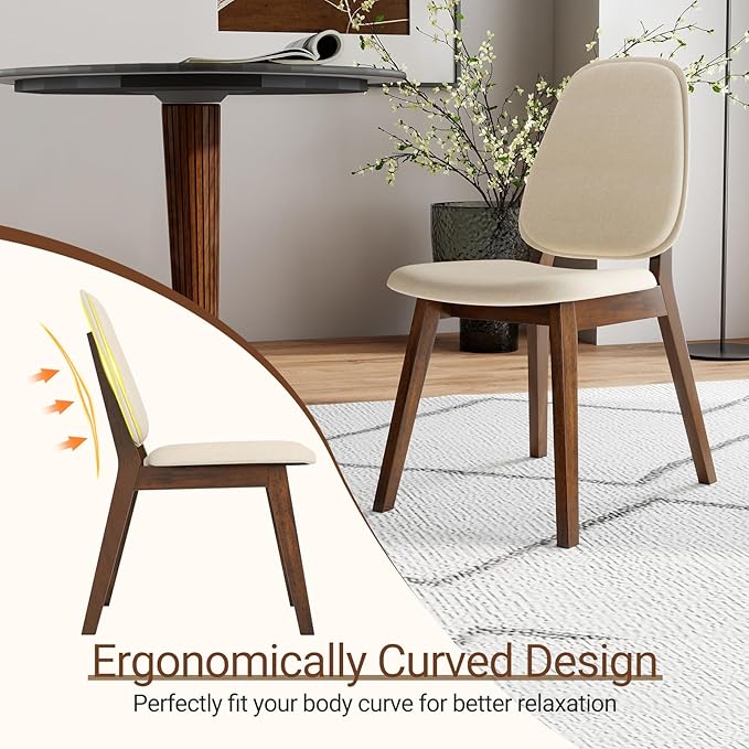 Giantex Wooden Dining Chairs Set of 4, Linen Fabric Upholstered Dining Room Chairs w/Rubber Wood Frame, Padded Seat, Curved Back, Mid-Century Modern Kitchen Side Chair for Home Living Room