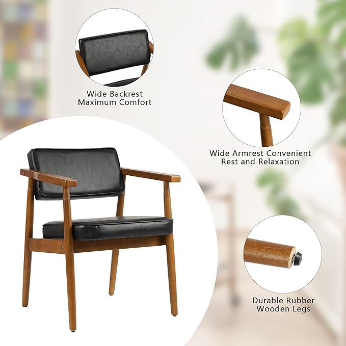 LSSPAID Mid Century Dining Chairs with Wooden Handrail, Black Fabric Upholstered Faux Leather Armchair Comfy Backrest Modern Kitchen Chairs for Bedroom Living Room Dining Room, Set of 2