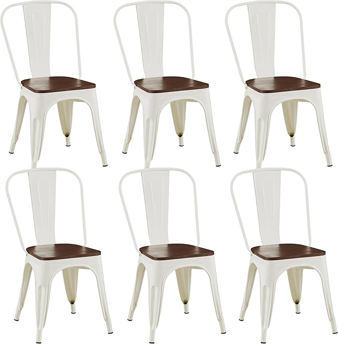 Metal Dining Chairs Set of 6-Stackable Tolix Chair Indoor/Outdoor for Kitchen, Cafe,Restaurant, Bistro & Patio Multiple Colors with High Backrest and Wood Seat(White)