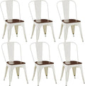 Metal Dining Chairs Set of 6-Stackable Tolix Chair Indoor/Outdoor for Kitchen, Cafe,Restaurant, Bistro & Patio Multiple Colors with High Backrest and Wood Seat(White)