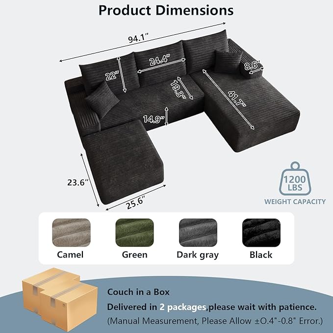 95" Cloud Sectional Couch with Ottoman,Modern U-Shaped Cloud Couch with Deep Seat,Comfy Corduroy 3-Seater Sofa,Memory Foam Sofa for Living Room,No Assembly (Black,Right-Facing Chaise)