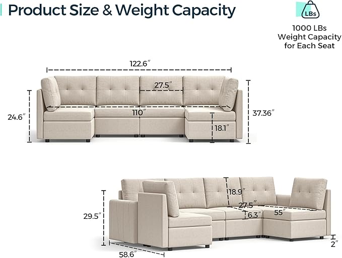 LINSY HOME Modular Sectional Sofa Oversized, Removable Cover Living Room Couches with Storage Deep Seat & Ottoman Chaise L/U Shaped Sofa Modern Couch (Dark Grey, 6 Seats)