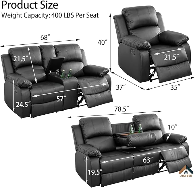 JBXBER Manual Recliner Sofa Set for Living Room, Leather Reclining Sofa Sets, Faux Leather Couch Set with Cup Holders, Drop-Down Table and Storage Console(Sofa and Chair,Black)