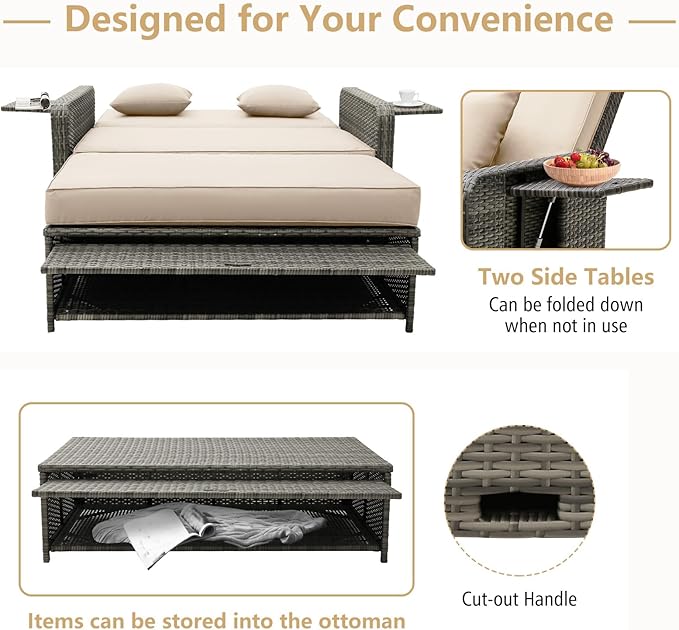 RELAX4LIFE Wicker Patio Outdoor Daybed - Rattan Day Bed Lounger w/Loveseat & Storage Ottoman, Sunbed Sofa Set w/Cushions, 4-Level Adjustable Backrest & 2 Retractable Trays, Patio Daybed (Beige-Grey)