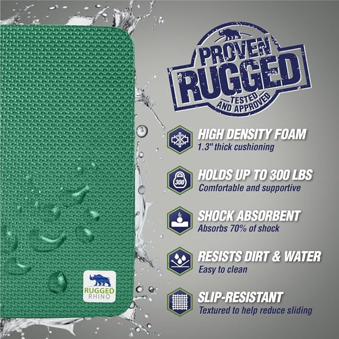 Rugged Rhino Heavy Duty Patent Pending Kneeling Pad, Shock Absorbent Thick Knee Pads, Holds Up to 300 lbs, Protect Knees from Hard Concrete Surfaces, for Mechanics, Yard Gardening, Gym, Pine Green