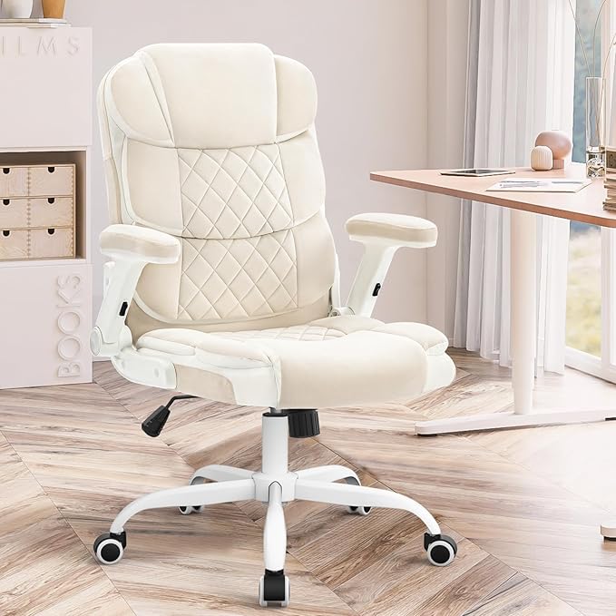 SEATZONE Home Office Desk Chairs with Wheels and Flip-up Armrests,Velvet Fabric Executive Office Chair Comfortable Ergonomic Computer Chairs for Adults and Teens,Beige