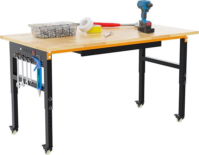 Betterhood 60" Adjustable Workbench on Wheels, 2000 LBS Heavy Duty Work Table with Power Outlets & Pegboard, Rubber Wood Workstation for Garage, Workshop, Office, Home, Commercial