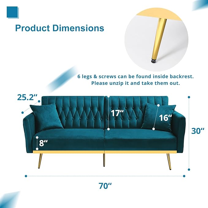 ACMEASE 70” Velvet Futon Sofa Bed w/Adjustable Armrests and Backrest, Convertible Futon Couch w/2 Pillows, Modern Sleeper Bed for Living Room, Bedroom, Teal