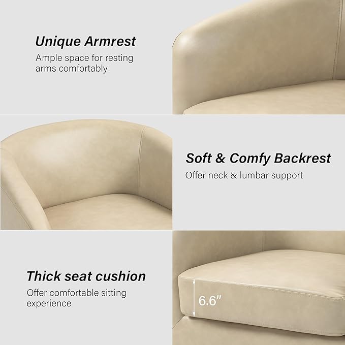 Swivel Barrel Chair, Modern Round PU Leather Accent Armchair for Living Room, Bedroom, Oversized Comfy Club Reading Chairs for Adults (Leather Cream, Set of 1)
