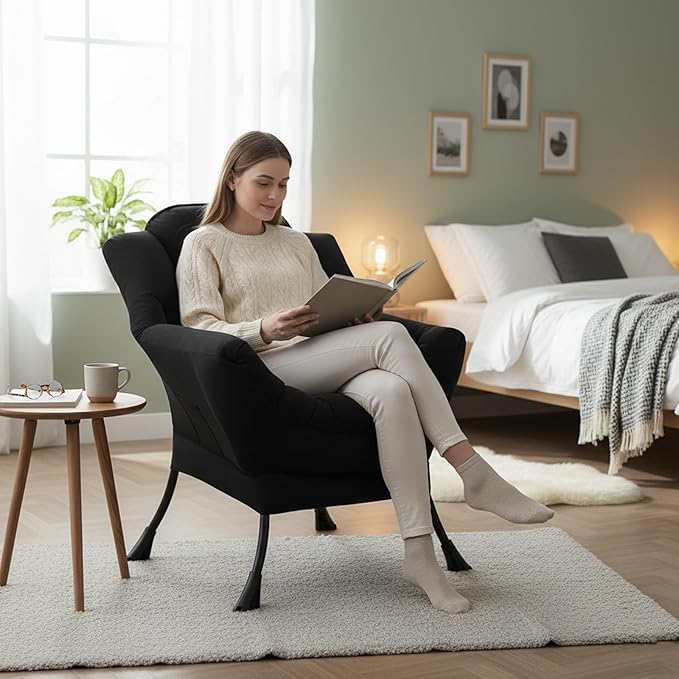 Welnow Lazy Chair for Living Room, Modern Reading Lounge Accent Chair with Armrests and a Side Pocket, Leisure Upholstered Lazy Sofa for Small Space, Bedroom, Dorm, Black