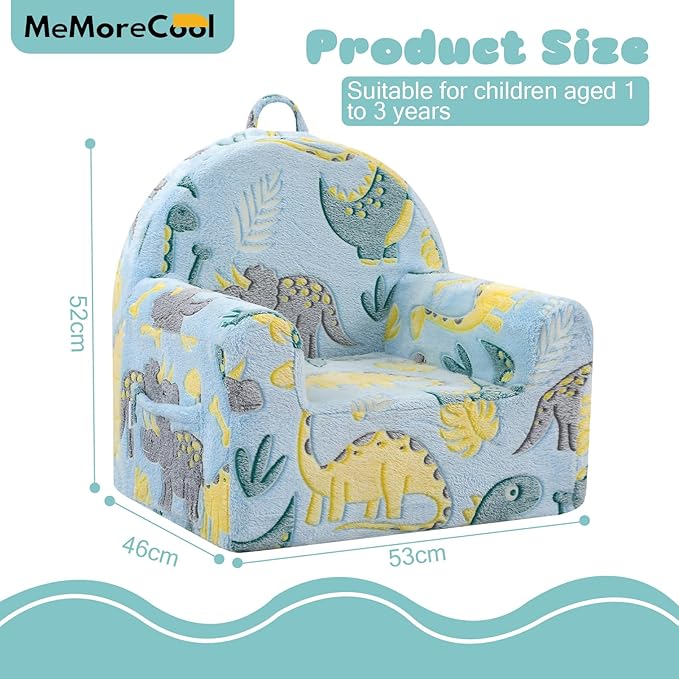 MeMoreCool Comfy Toddler Chair for 1-3 Years Old, Glow Dinosaur Kids Reading Chair, Soft Plush Toddler Armchair, Cozy Foam Lounge Kids Armchair for Baby Room, Living Room, Playroom, Reading Nook