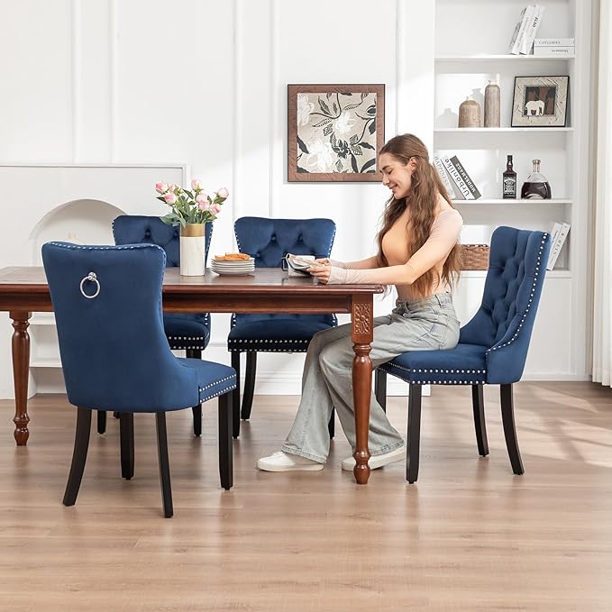 Kiztir Velvet Dining Chairs Set of 2, Upholstered Dining Chair with Nailhead Trim and Solid Wood Legs, Navy Luxury Wingback Dining Side Chair for Living Room, Bedroom, Kitchen (Blue)