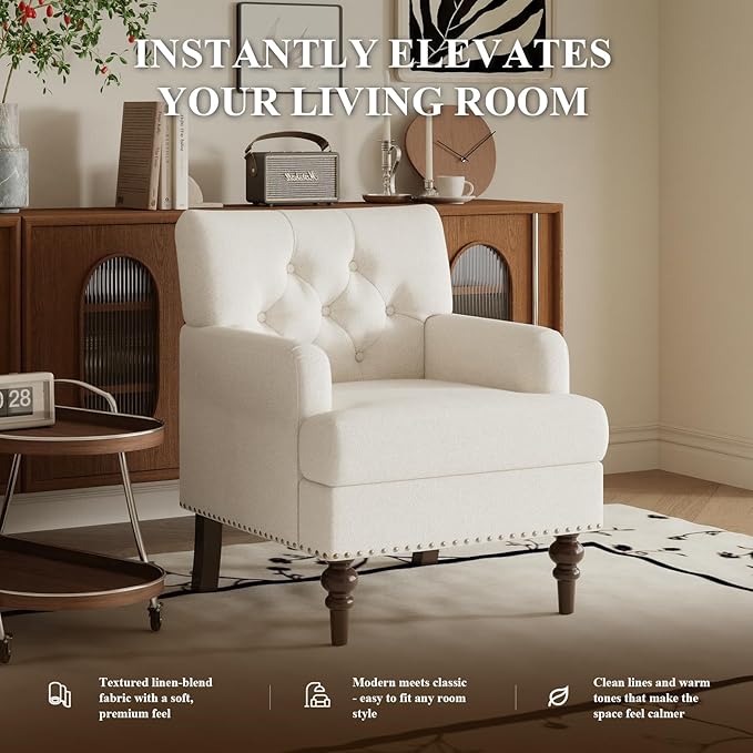 Upholstered Accent Chair with Thick Cushion, High Back Reading Chair, Linen Blend Armchair with Solid Rubberwood Legs for Living Room, Bedroom, Reading Nook, Apartment & Small Spaces,Beige