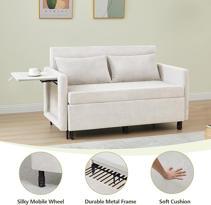 QHITTY Pull Out Couch Bed, 2-in-1 Sleeper Sofa Small Loveseat Bed with Hidden Side Table and Iron Frame for Living Room, Small Space, Apartment (White)