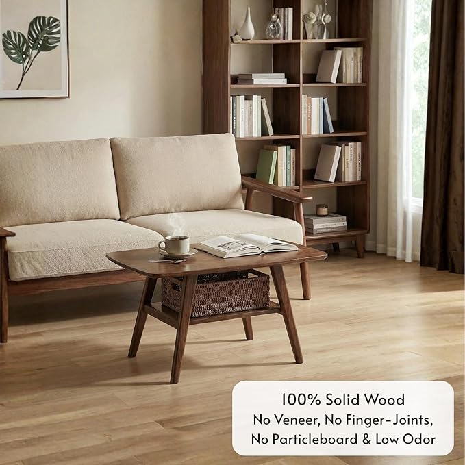 Hymus Solid Wood Coffee Table - 2-Tier Modern Center Table, Living Room Tables with Double Storage for Living Rooms, Bedrooms, and Offices (Walnut, 39.37" D x 19.69" W x 17.32" H)