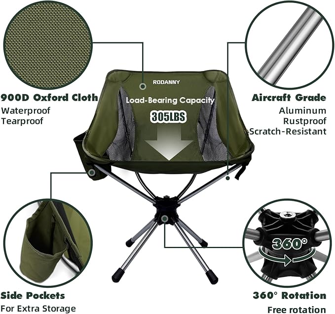 RODANNY Camping Chairs, 360° Degree Swivel Folding Chairs,Portabl Outdoor Chairs for Travel Hiking Fishing lawns Picnic Hunting,Support 305 LBS,Lghtweight,Green