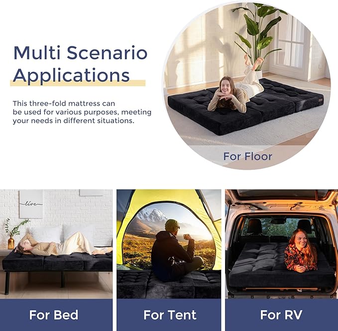 MAXYOYO Tri-Fold Mattress, 6 Inch Tufted Folding Mattress Full Foam Bed, Foldable Floor Couch Guest Bed Topper Portable Camping Sleeper with Corded Fabric, Black, 53"x75"