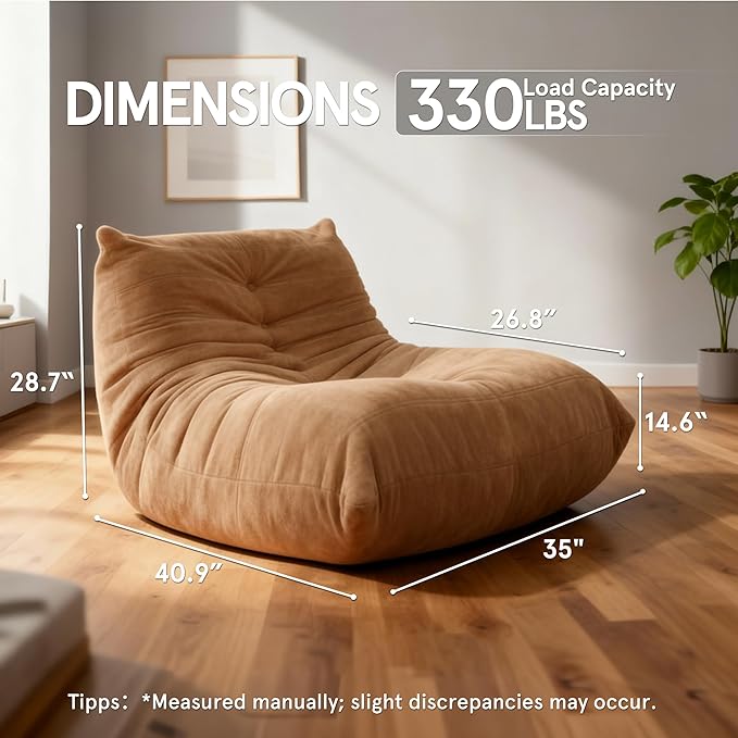 Sytopia Bean Bag Chair, Large Reading Chair for Adults Ultra-Comfy, Corner Floor Sofa 40D Foam, Togo Sofa Furniture for Living Room Bedroom Gaming, Cashmere Beige