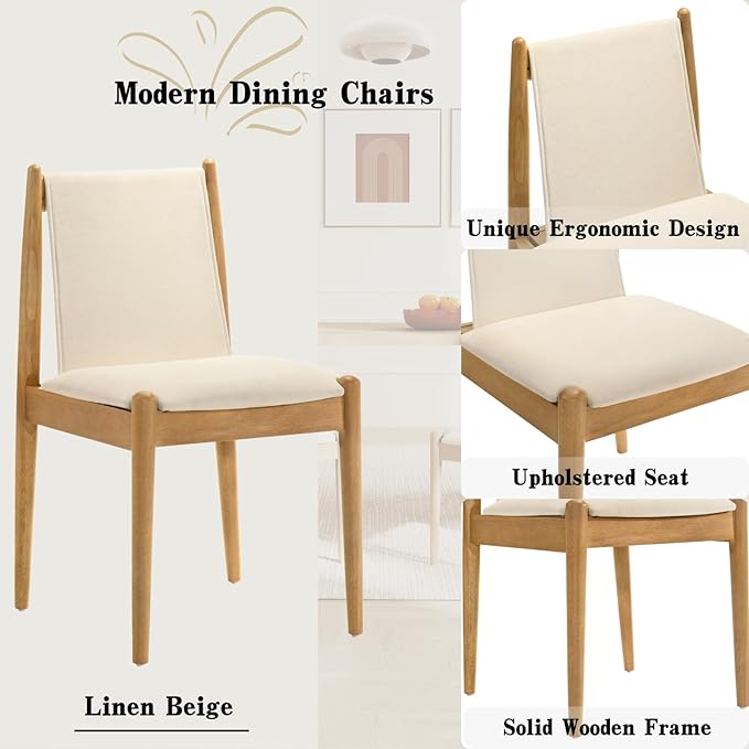 DUOMAY Upholstered Linen Beige Dining Chairs Set of 6, Wooden Armless Kitchen Chairs with Natural Legs and Sturdy Frame for Dining Room, Restaurant, Living Room